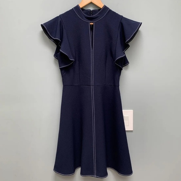 Eliza J NWT | Flutter Sleeve High Neck Navy Dress - Picture 2 of 5